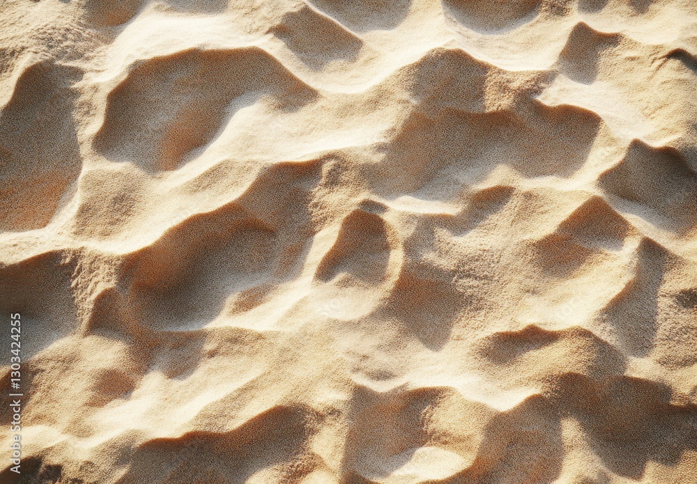 Poster close-up view of soft beige sand waves with subtle texture and natural patterns under bright dayligh
