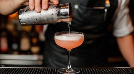 An expert mixologist skillfully pours a pink cocktail from a metal shaker into an elegant coupe glass. The setting is a bustling bar filled with warm lights and cheerful patrons enjoying their night