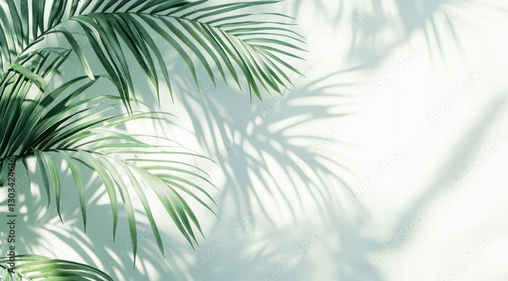 Poster abstract white background with palm leaf shadows, soft focus, and copy space for text. abstract whit
