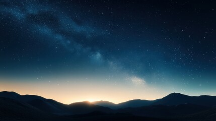 A stunning twilight scene illustrates a starry night sky with the Milky Way visible above distant mountains, perfect for use in travel blogs, astronomy publications, or artwork,