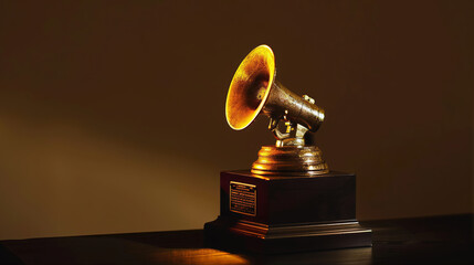 Antique brass retro gramophone, Grammy recognition award. Old gramophone on the table