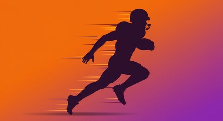Naklejka premium Dynamic Football Player Silhouette in Motion - Speed, power, agility, determination, victory. A silhouette of a football player in dynamic motion against a vibrant gradient background