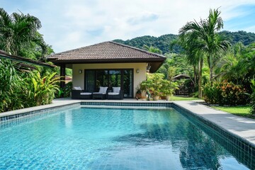 Tropical villa poolside relaxation, beautiful landscape, peaceful getaway, ideal for vacation rental