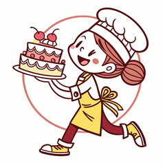 Cute Bakery Chef girl smiling cartoon art holding Cake illustration logo. Premium Vector