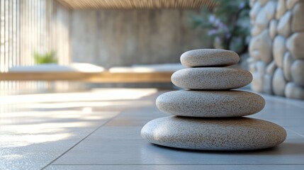 Serene stacked stones in a tranquil indoor spa setting.