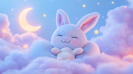 Fototapeta premium A cute blue bunny plushie cuddles a small teddy bear in a dreamy cloud setting.