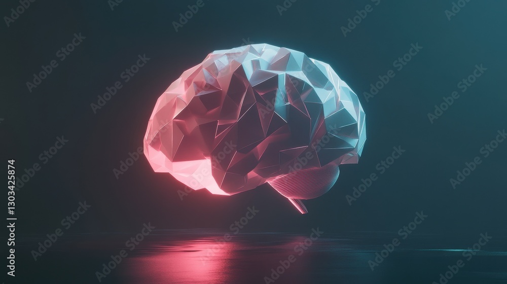 Poster minimalist low poly geometric brain model rendered in 3d with neon accents floating against a dark m