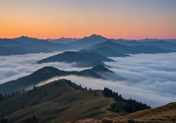 A mystical dawn view of a mist-covered mountain range, reflecting pure nature&rsquo;s essence.