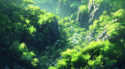 Obraz premium A bird's-eye view of a lush green forest. Shows nature's beauty. 