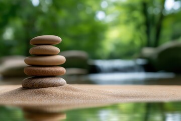 Tranquil Zen garden featuring raked sand, smooth stones, and a soothing waterfall enhancing meditation experience
