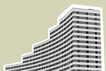 Modern architecture in urban city. High-rise building with wavy, curved concrete facade and large...