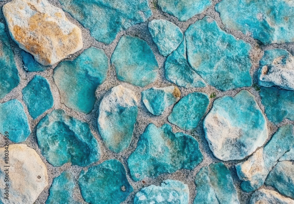 Poster colorful turquoise stones forming a textured surface in natural settings with various shapes and pat