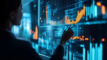 A businessperson sees their investments growing.  They're tracking profits and income using a holographic chart, showing positive growth.  This represents financial success.
