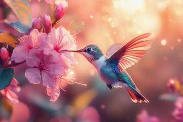 Fototapeta premium a hummingbird flying over a pink flower with a blue sky background and sun shining through the wings of the flower