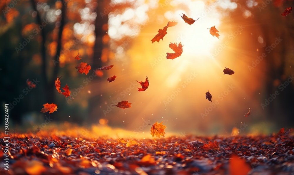 Poster autumn background with colorful leaves falling to the ground in a forest at sunset. autumn nature ba