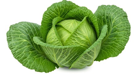 Obraz premium Fresh Green Cabbage Vegetable - A single, whole, fresh green cabbage isolated on a white background. Perfect for healthy eating recipes