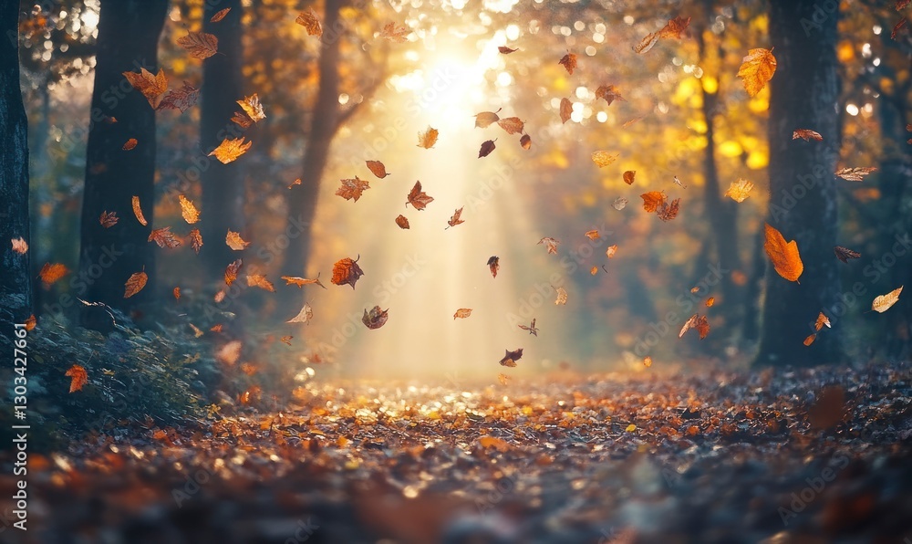 Aufkleber autumn background with colorful leaves falling to the ground in a forest at sunset. autumn nature ba