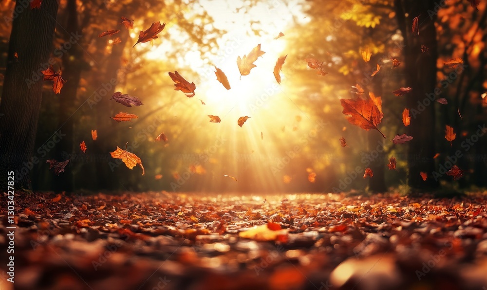 Poster autumn background with colorful leaves falling to the ground in a forest at sunset. autumn nature ba
