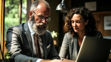 A man and woman, both office workers, discuss a software program on a laptop.
