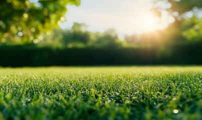 Beautiful green grass meadow with a blue sky and sunlight in the background. The green field is suitable for a garden or park landscape design banner template