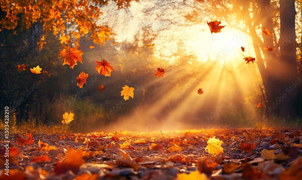 Poster autumn background with colorful leaves falling to the ground in a forest at sunset. autumn nature ba