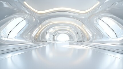 Futuristic white interior hallway with arched windows and glowing accents