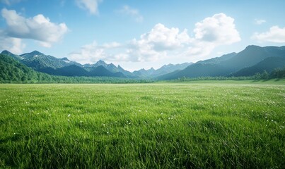 Fototapeta premium Beautiful green grass meadow with a blue sky and mountains in the background