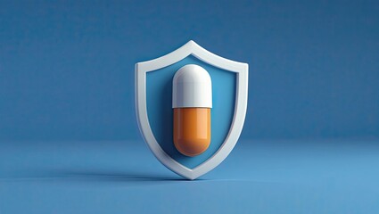 3D Substances Shield protective emblem for capsule medication. notion of medicine. notion of health care. Isolated on a blue background is a tiny cartoon prescription tablet or vitamin capsule.