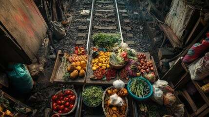 A slow train rolls through Bangkok's Mae Klong Railway Market in November 2024.  Vendors sell fresh produce right on the tracks.

