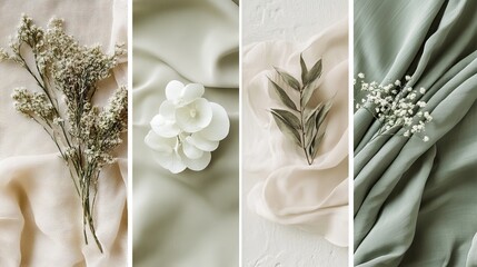 A soft, elegant design featuring shades of sage, olive, beige, and white.  The colors blend smoothly, like a silk fabric with gentle folds.  It's a subtly textured, luxurious look.
