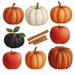 Collection set watercolor, autumn harvest still life featuring pumpkins, apples, and cinnamon sticks with warm rustic tones, Watercolor autumn harvest with pumpkins.