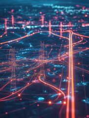 Power grid infrastructure represented as glowing lines on a digital map with economic forecasts, power distribution, engineering solutions