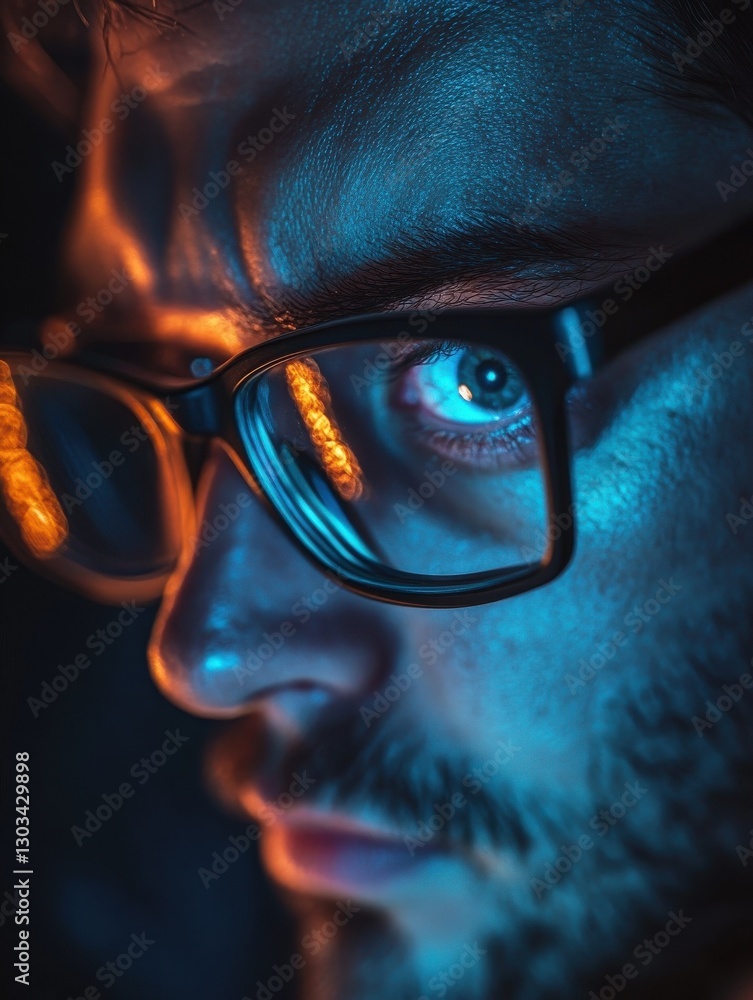 Poster vision, hacking and technology concept - close up of hacker eyes in glasses looking at computer scre