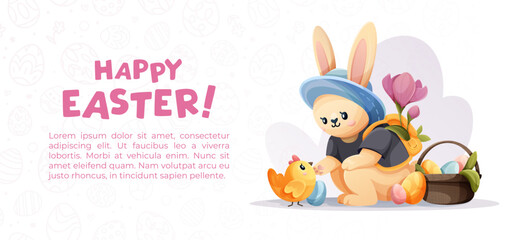 A horizontal Easter-themed banner featuring a sitting rabbit wearing a blue hat and carrying a backpack with flowers, smiling at a little chicken, set against a white background with a pattern