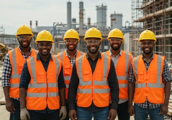 A group of six construction workers in safety gear standing at a construction site, smiling at the camera with industrial equipment and a clear blue sky in the background.

