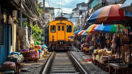 A train slowly moves through Bangkok's Maeklong Railway Market in November 2024.  Vendors sell goods from umbrellas along the tracks.
