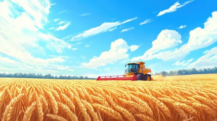 Obraz premium Harvest view of combine harvester cutting summer wheat field crop and blue sky on farm