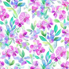 Seamless pattern of watercolor orchid flowers and tropical leaves, in a color palette of pink, purple, blue, and green