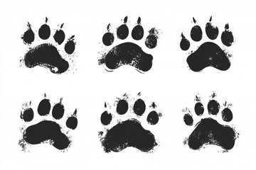 Set of vector hand-drawn dog paw prints, ink doodle, grunge style on a white background