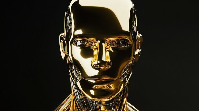 Character gold head man stylized metallic polished. Iron humanoid robot cyborg android contrast reflection creativity artificial solid icon concept. 3d rendering