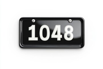 A glossy black license plate with the number 1048 clearly displayed against a white background isolated on transparent background