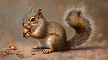 Cute squirrel eating nut on ground