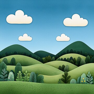 Collection set watercolor, summer mountain landscape with rolling green hills, a peaceful blue sky, and soft clouds drifting, Watercolor summer mountain with rolling green hills.