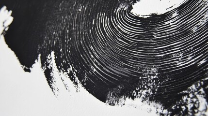 Close-up of black ink from a linocut print, showing the roller's texture on white paper.
