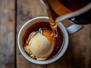 Creamy vanilla ice cream scooped in a white cup with steaming hot tea poured over, creating a delicious dessert treat on a rustic wooden background