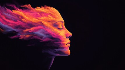 Abstract representation of human face with vibrant colorful hair