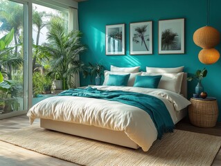 A Cozy and Serene Bedroom with a Large Plant and Tropical Decor