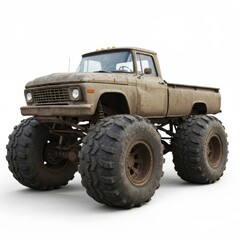Fototapeta premium Mud Terrain Monster Truck - A powerful monster truck, caked in mud, sits against a white background. Its massive tires and rugged design are prominent