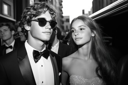 Elegant Young Couple in Formal Wear at a Special Event. Black and White Photography, Classy Style, Romantic Atmosphere