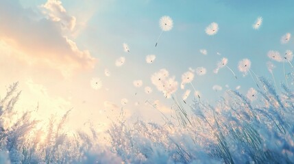 Dandelions blowing in sunset meadow
